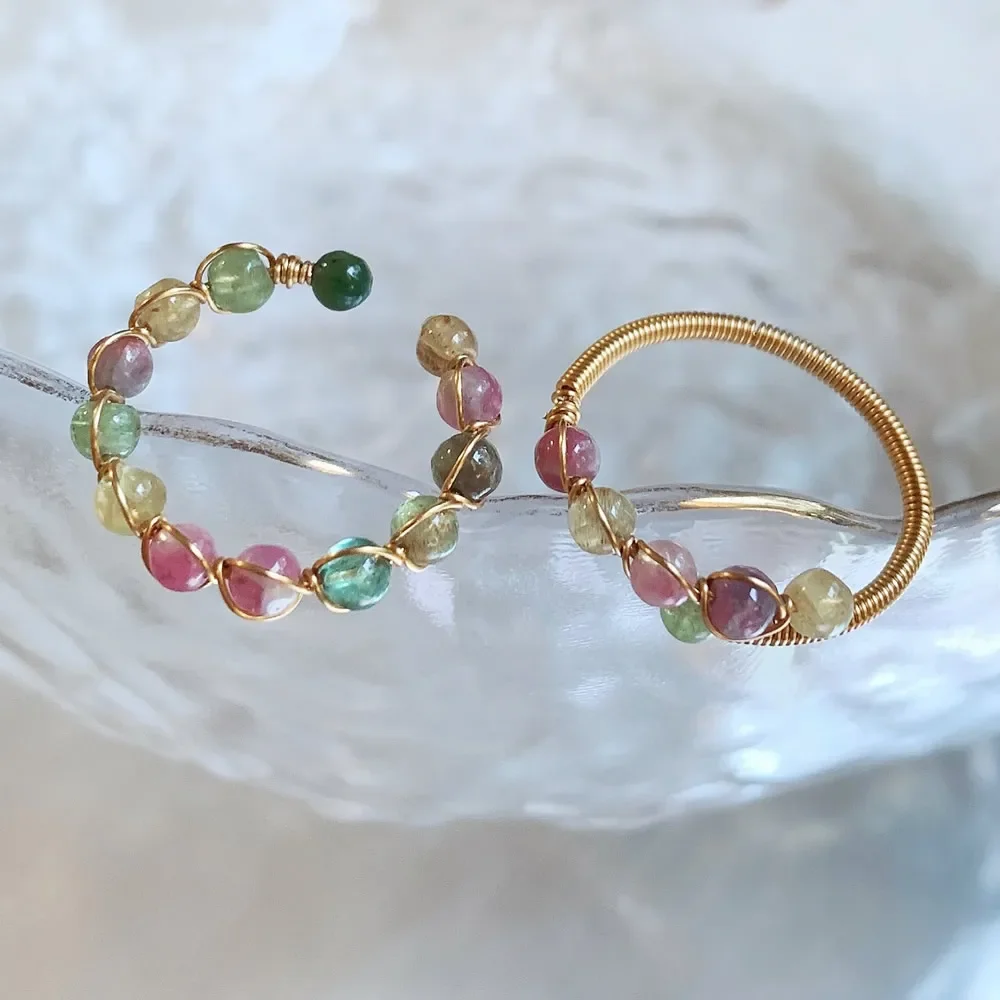 Wire Wrap Natural Tourmalines Crystal Rings for Women Small Beads Charm Gold Color Mixed Colorful Quartz Stone Crystal Open Ring