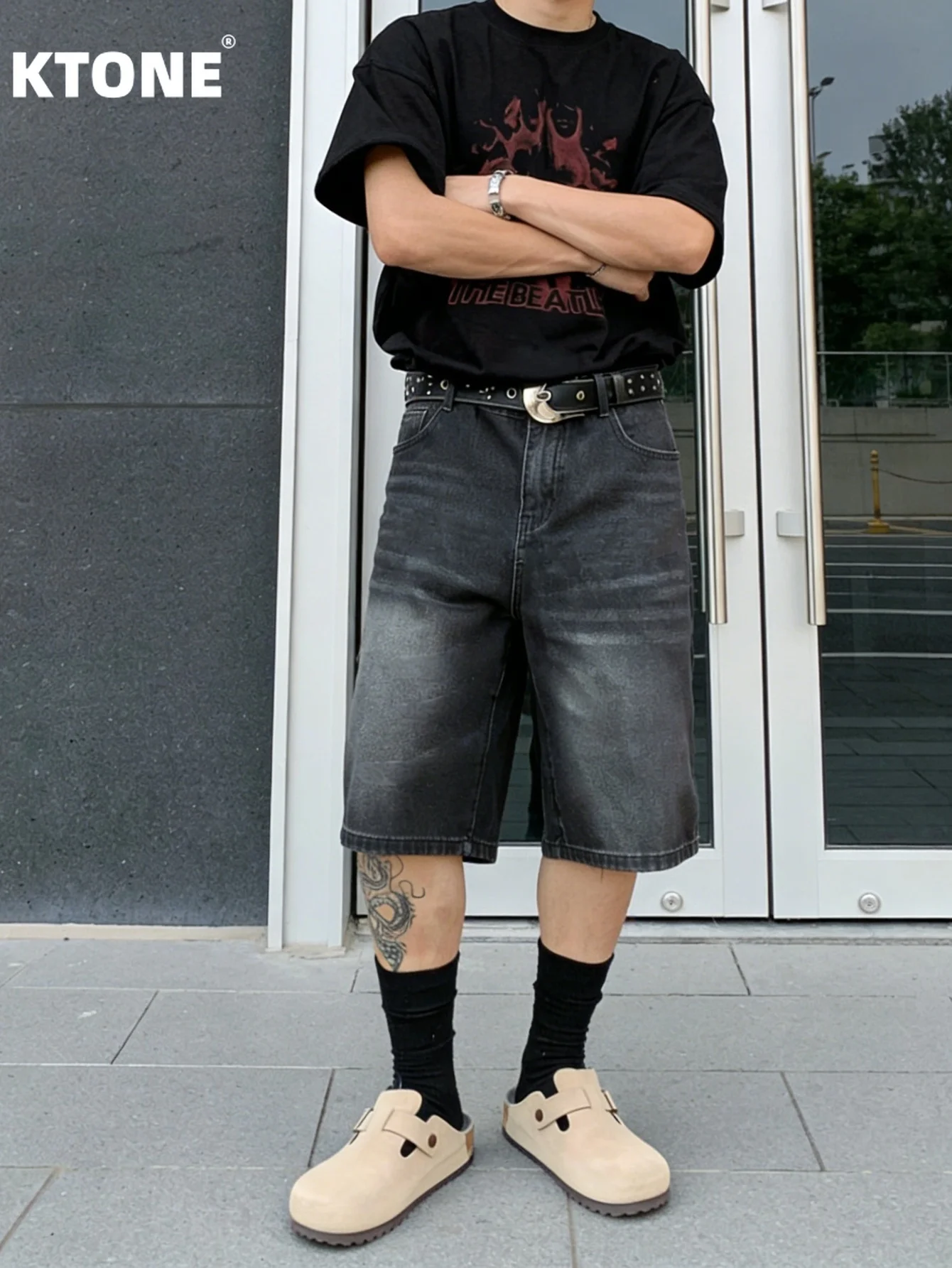 

Men solid black non stretch denim jorts loose casual solid color simple daily shorts