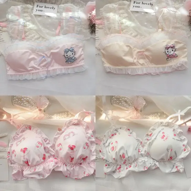 Miniso Hellokitty Underwear Lingerie Bra Lace Non-Slip Push Up Kawaii Sweet Girl Women Style Comfort Soft Simple UnderwearGift