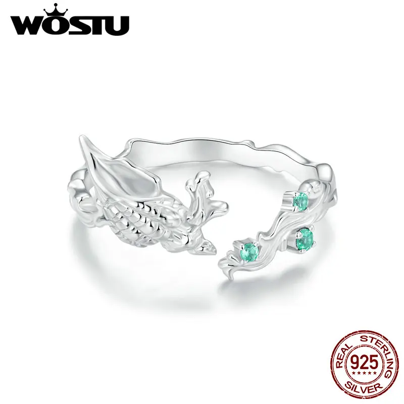 WOSTU Real 925 Sterling Silver Seashell Open Ring For Women Shiny Green Zircon Ocean Party Rings Holiday Gift BSR554