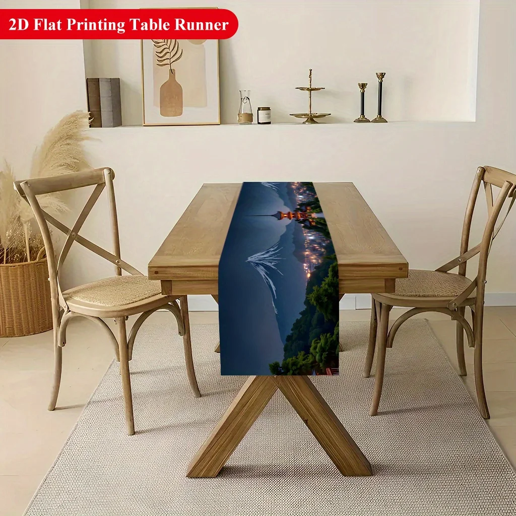 1 Piece of Japanese Mount Fuji Night Scene Table Runner, Suitable for Farmhouse, Indoor, Kitchen, Celebrations, Table Decoration, Restaurant and Banquet Decoration Supplies