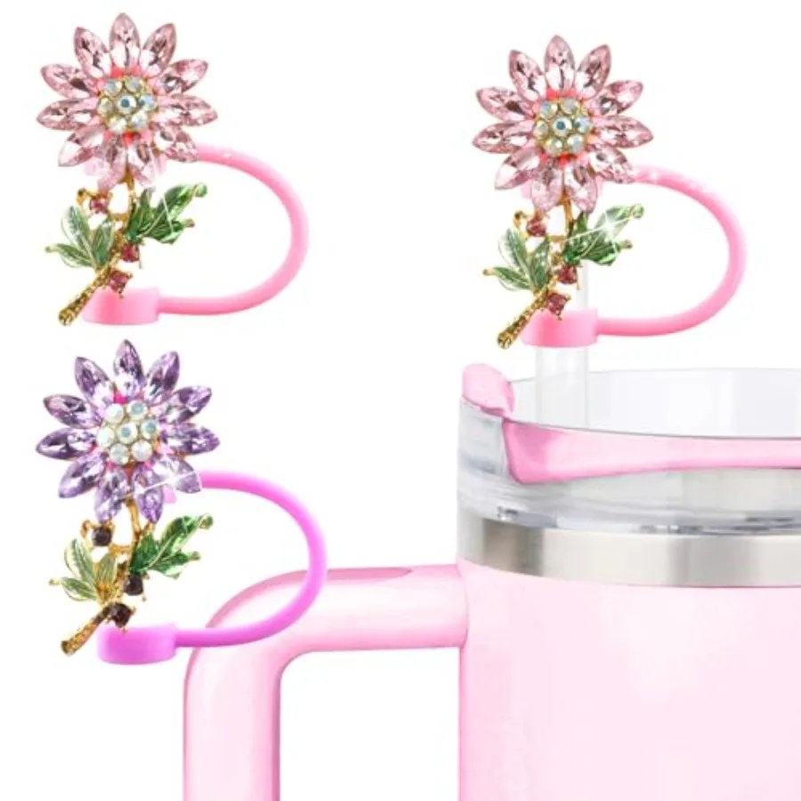 

2PCS Flower Straw Cover Cap for Cup AccessoriesBling Crystals Straw Toppers for Tumbler 4030 oz Cute Rhinestone Reusable Stra