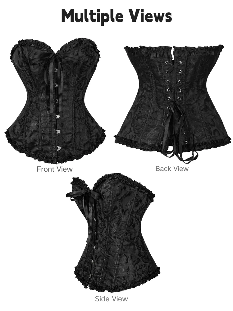 Gotisches Jacquard-Korsett-Oberteil mit Rüschenkragen, Stahlbügel vorne, verstärkt, Damen, Vintage, Halloween, Cosplay-Kostüm, 28 Farben – Detail 3