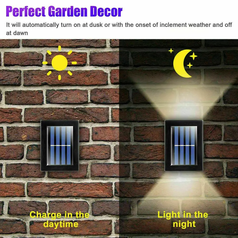 Solar Powered LED Wall Lights, Jardim Paisagem Lamp, Pátio, Caminho, Escadas Step, Fence Decor, 2 LEDs