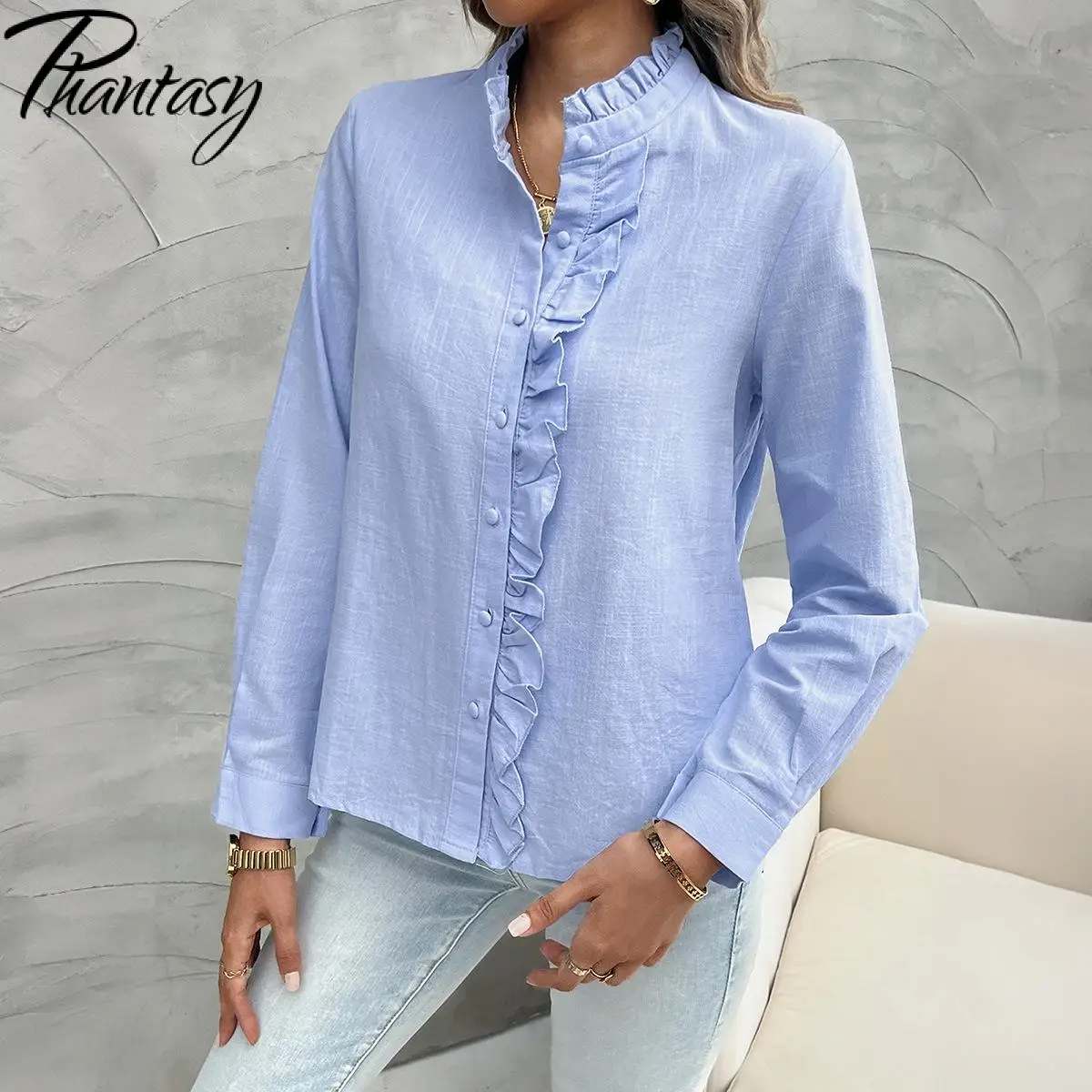 Phantasy Blue Office Lady Blouse Elegant Long Sleeved Women Shirt Casual Business Shirt Fashion Tops Streetwear Autumn Outfit