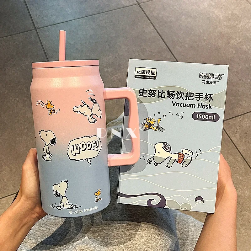 Tasse thermos avec poignée pour garçons et filles, dessin animé SnoAmendments, Anime Kawaii, chiot, paille à pointes, tasse Mac, café froid, bouteille à boire, 1500ml