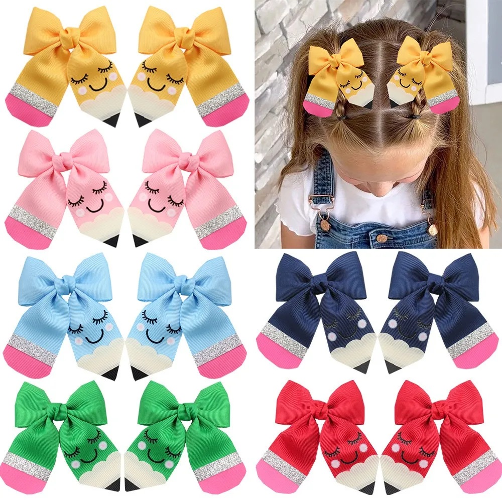 20pc-baby-long-tassel-hair-clips-for-girls-pencil-print-bow-barrettes-glitter-hairpins-kids-hair-accessories-back-to-school-bulk
