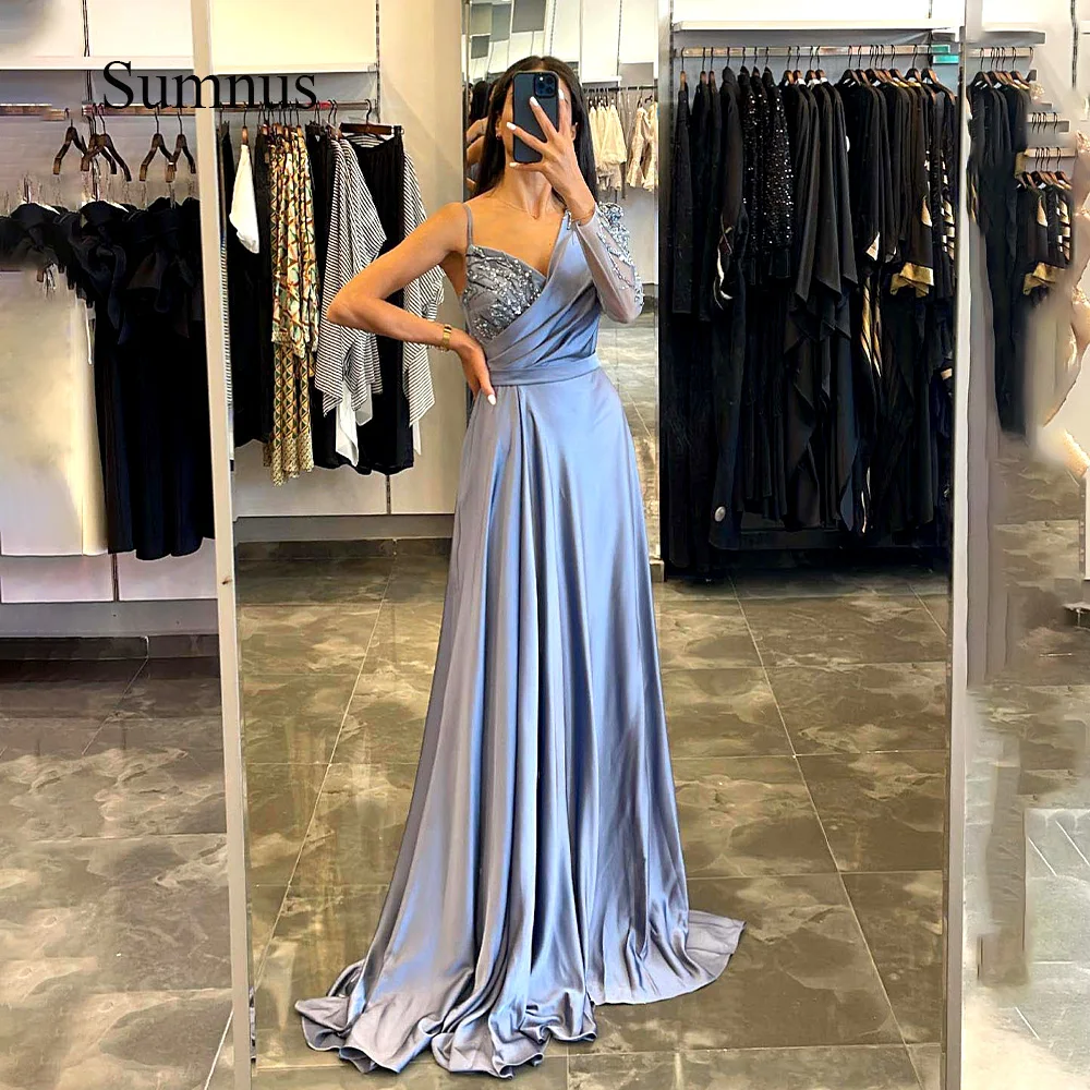 Licht Blau Satin Eine Schulter Abendkleider Spaghetti Friesen V-ausschnitt Party Kleid Formale Lange Dubai Abendkleid Zipper zurück