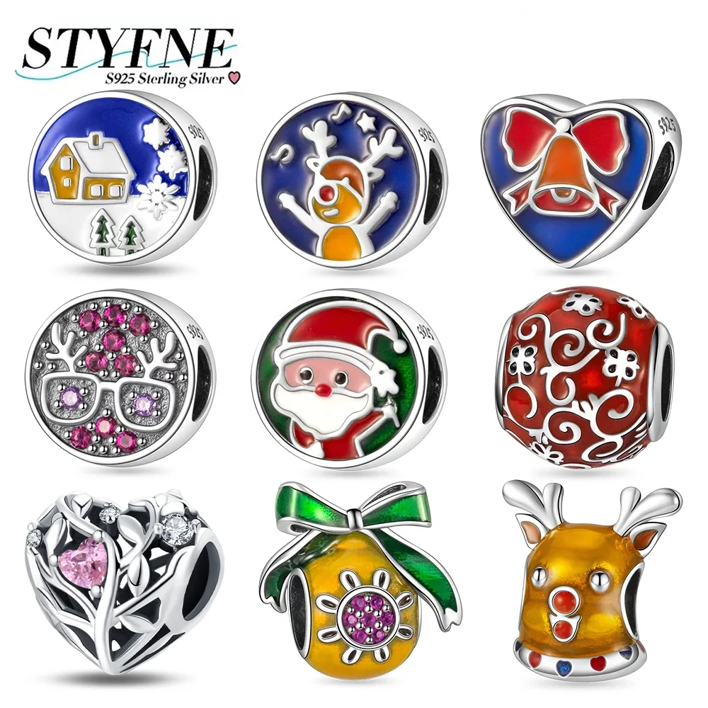 

925 Silver Charms Santa Claus Beads Zircon Elk Heart-shaped Bell Beaded Fit Holiday Original Bracelet Necklace Fashion Jewerly