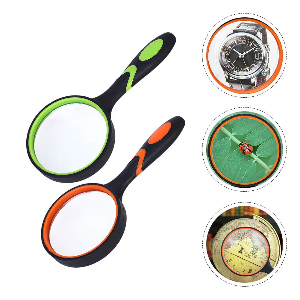 2Pcs Handheld Magnifying Glass 10X Shatterproof Rubber Reading Magnifier Observation Tool for Kids Elderly Clear Visual Aid