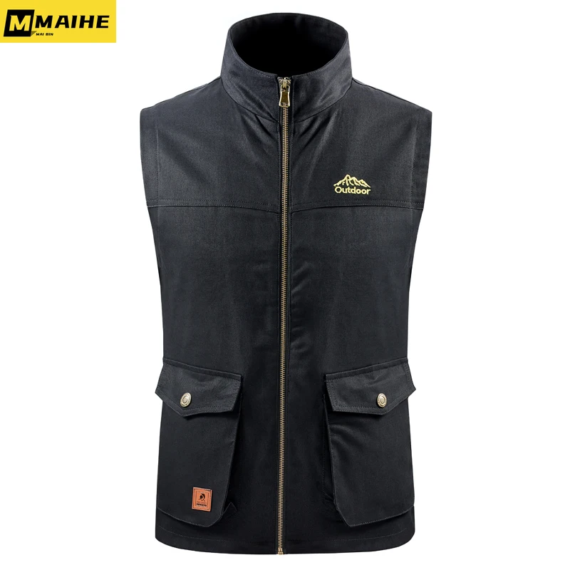 Workwear Vest Men's Spring And Autumn Solid Color Zipper Slim Fit Outdoor Mountain Climbing And Fishing Pure Cotton Vest