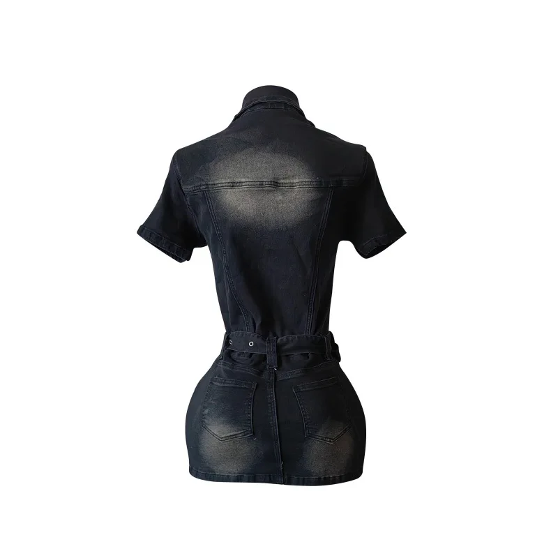 New Denim Short Sleeve Dress Women Modest Sexy Summer Stylish Slim Stretch Acid Wash Vintage Belt Jean Bodycon Dresses