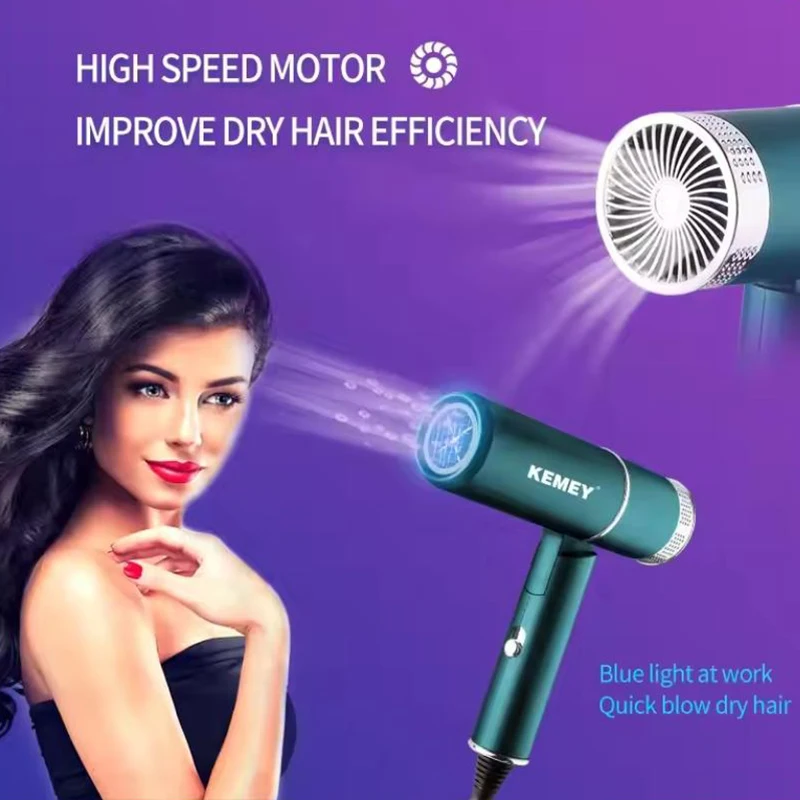 Kemei 9825 secador de pelo con enchufe estándar europeo, salón de viento frío y caliente, secadores de viaje para el hogar 2 en 1, secador de pelo plegable de gran potencia