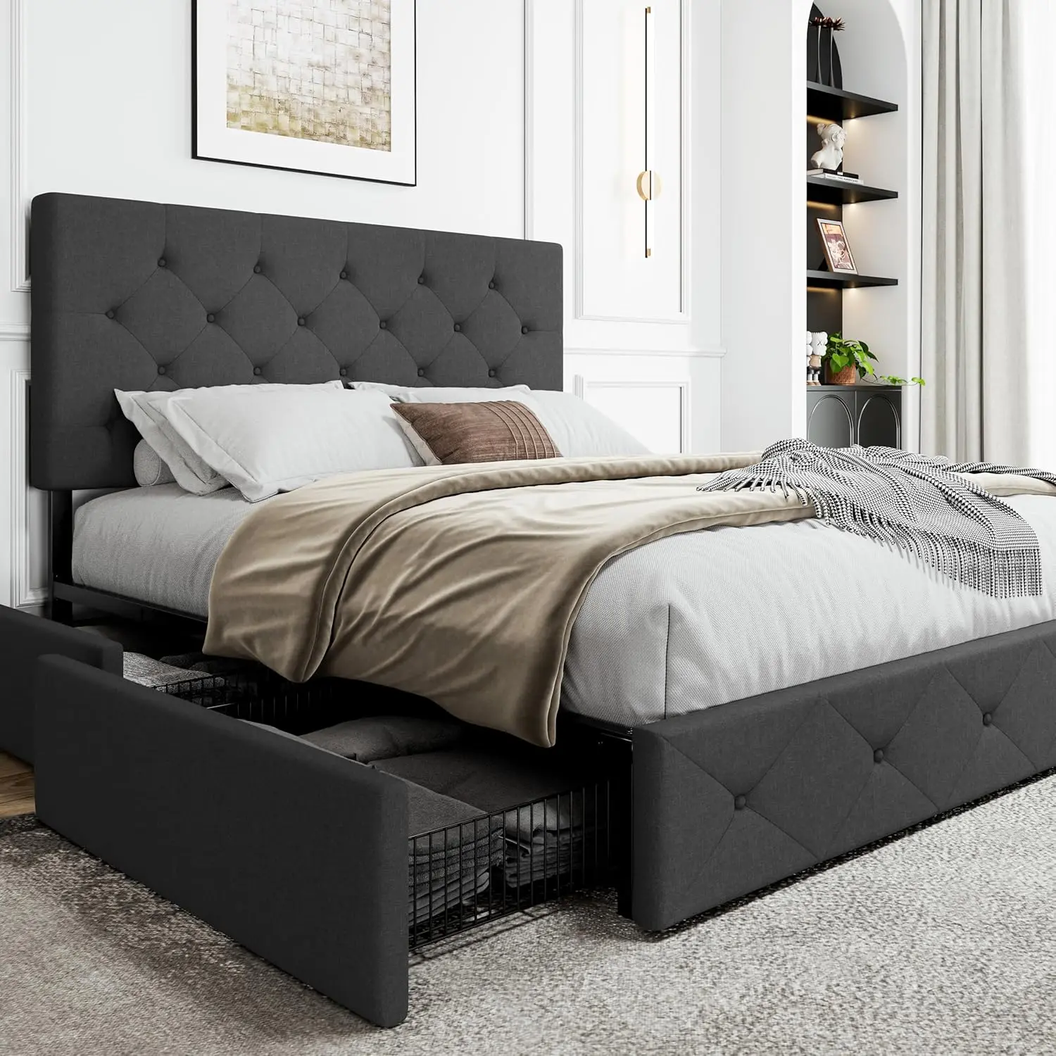 

Upholstered Queen Size Platform Bed Frame with 4 Storage Drawers, Adjustable Headboard with Diamond Stitched Button Tufted