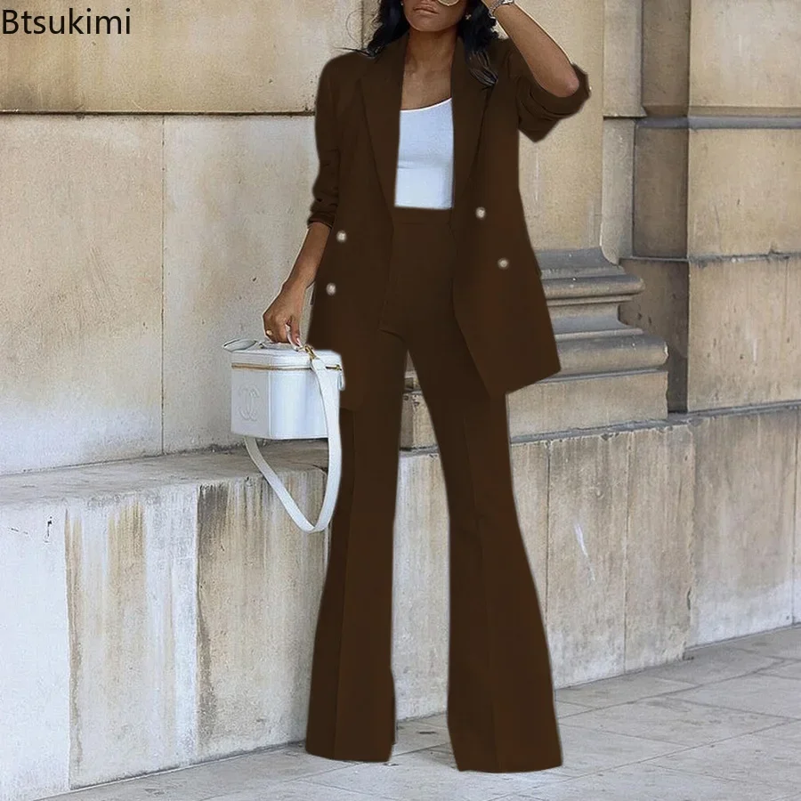 2024 Women\'s Two Pieces Pants Sets Solid Double Breasted Blazer Suits and Straight Flare Pants Suit 2 Piece Set Outfits Female