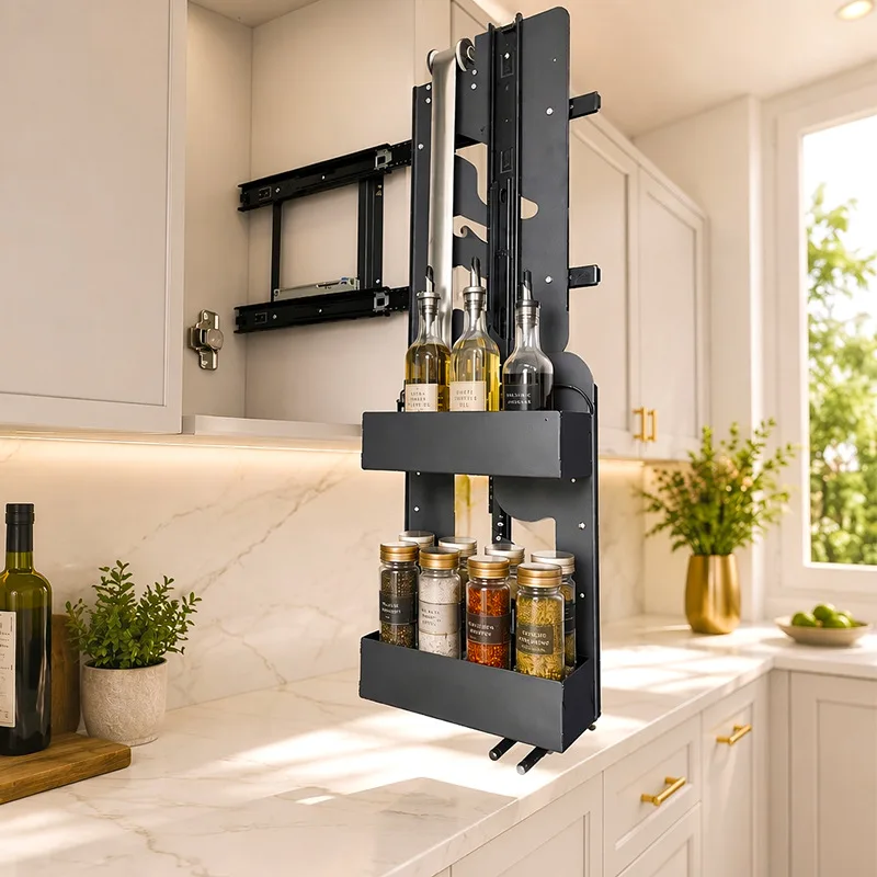 Pull Down Wall Cabinet Spice Basket, Vertical Lifting Narrow Side Mount Storage Rack for Kitchen Upper Cabinet