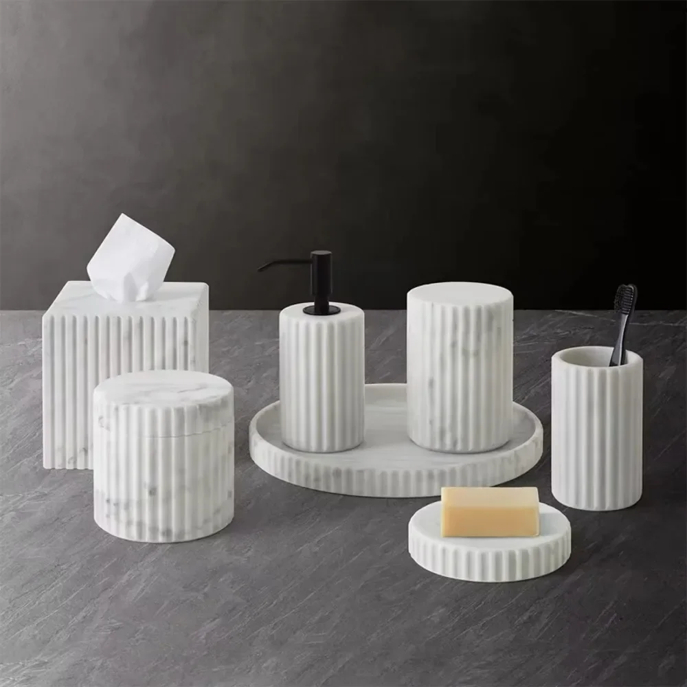 Stonekocc Luxury Bathroom Set 100% Natural Italian Carrara White Marble Seven-Piece Set Groove Texture Soap Dispenser Soap Dish