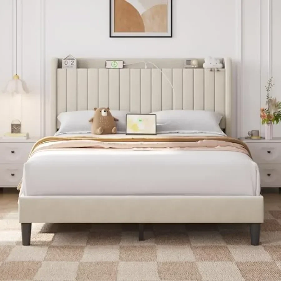 Bed Frame with Channel-Tufted Storage Headboard for bedroom use, upholstered in premium gray fabric, featuring hidden under-bed