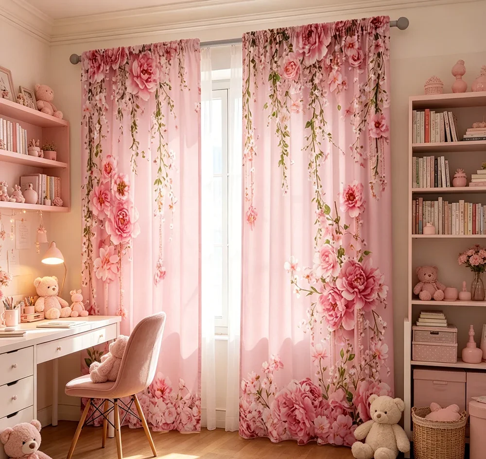 2PCS Digital Printed Curtains, Pink Flower Cluster Pattern, Romantic Floral Sweet Style for Living Room Bedroom Home Decor