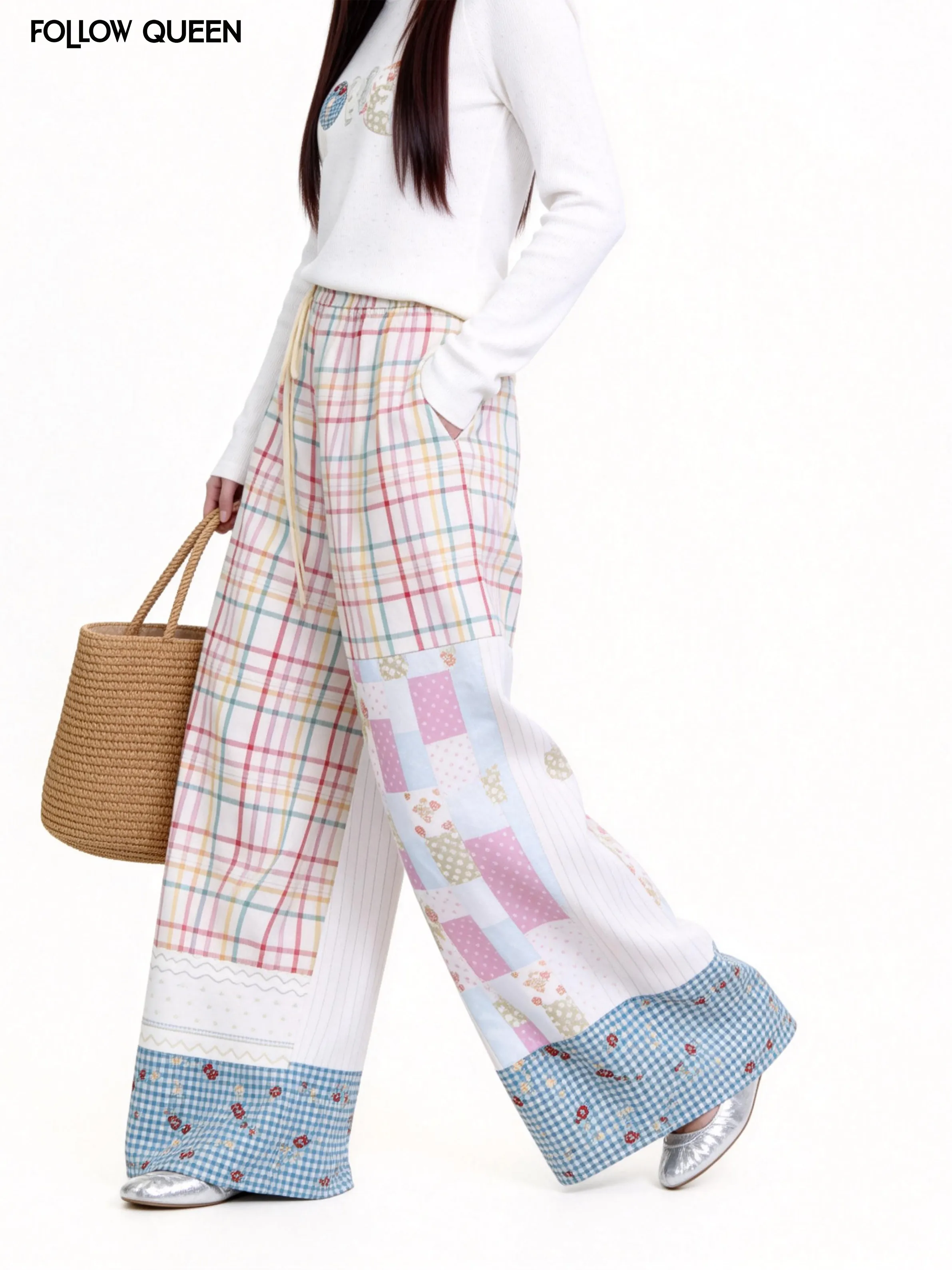 Comfort Sweet Boho Retro Wide Leg Pants Elastic Mixed Gingham Plaid Ditsy Floral Striped Color Block Loose Flowy Casual Trousers