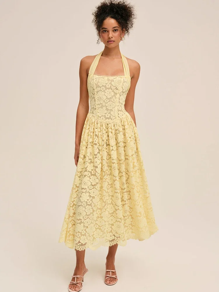 

XIAOTANG Lace Halter Backless Sexy Maxi Dress Women Gown Fashion Sleeveless High Waist Pleated Club Party Long Dresses Elegant