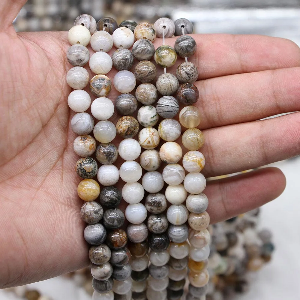 62Pcs New Natural Exquisite Bamboo Leaf Agate Loose Bead Round Bead DIY Bracelet Stone Semi-Finished Bead Jewelry Wholesale