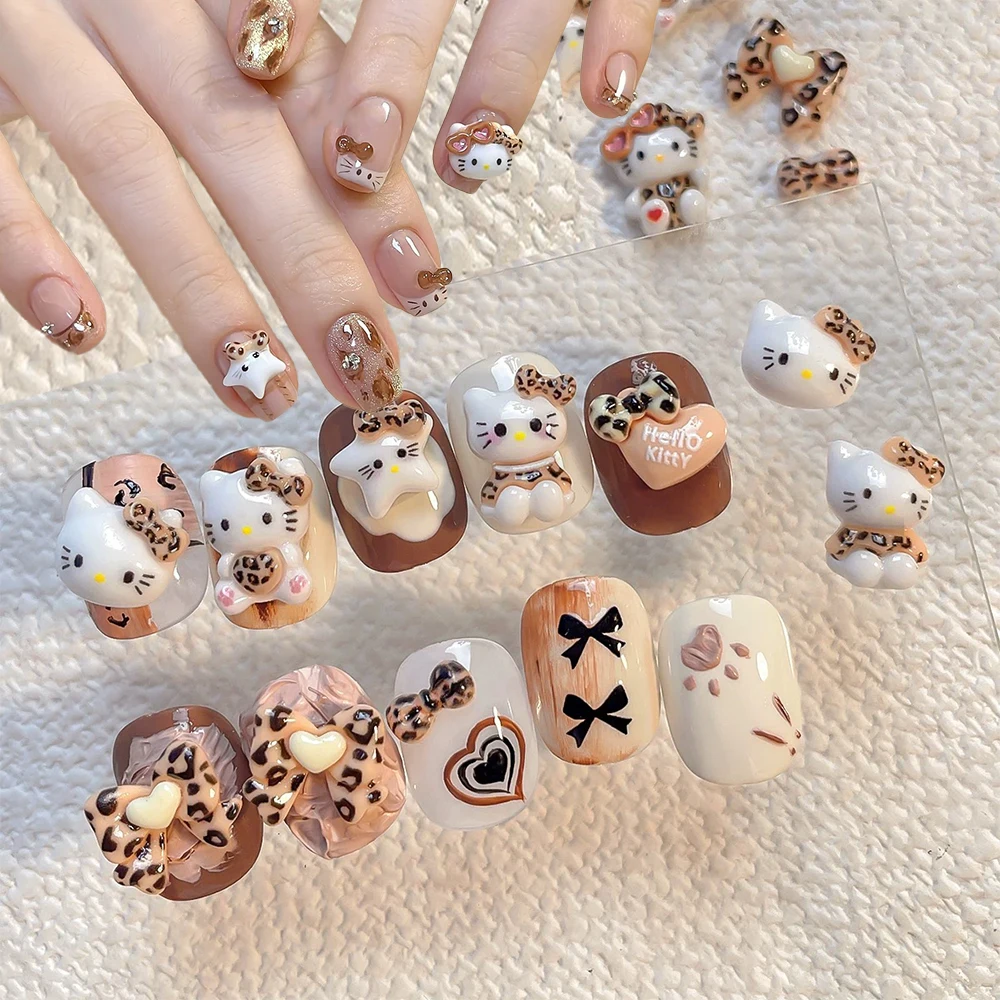 

20/50Pcs Y2K Cute Leopard Hello Kitty Nail Art Charms 3D Mix Maillard Sexy Leopard Bow KT Cat Star Nail Rhinestone Manicure Deco