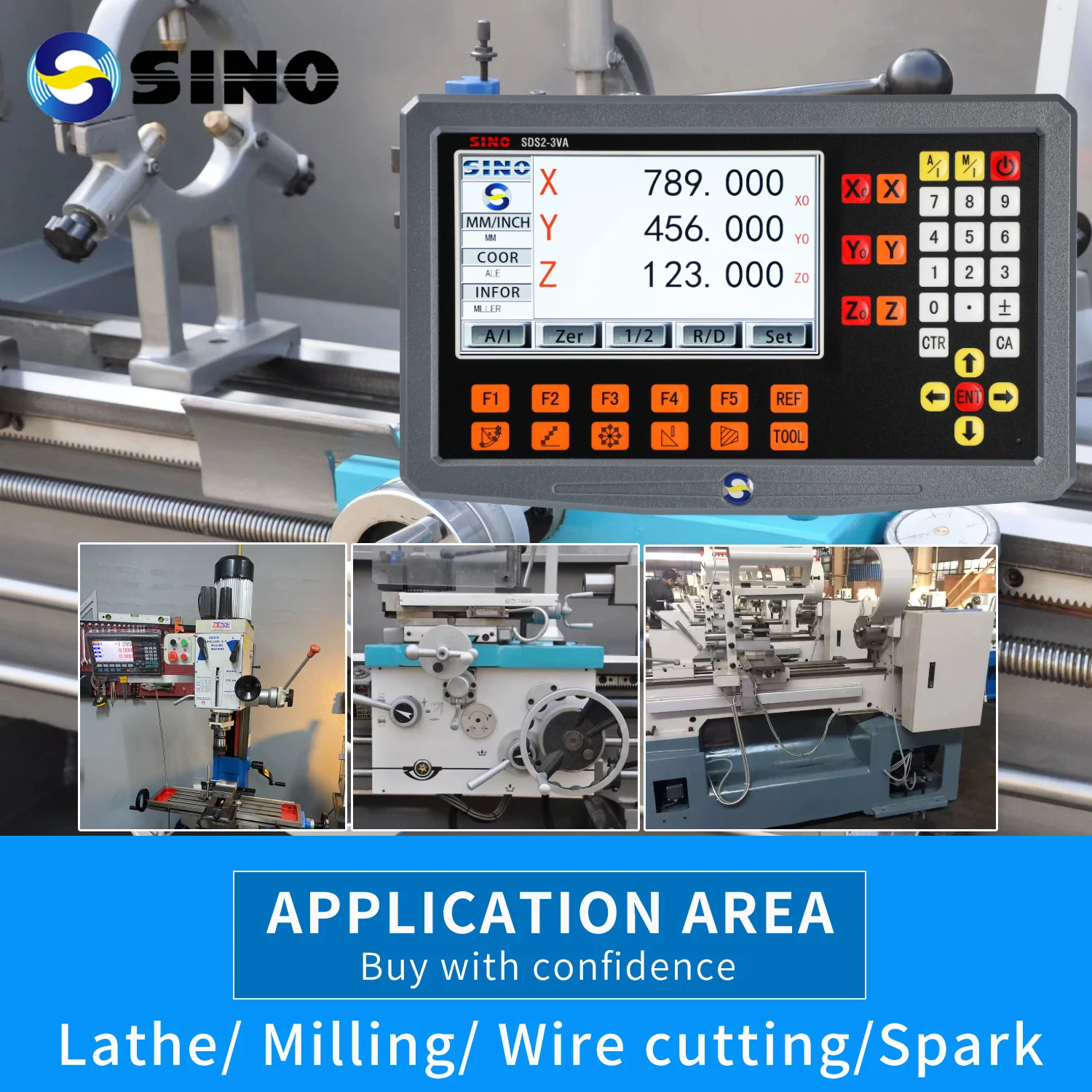 SINO SDS2-3VA Set 3 Axis And 2 Axis LCD DRO Kit Digital Readout KA35 Glass Linear Scale Encoders For Lathe Grinder Milling