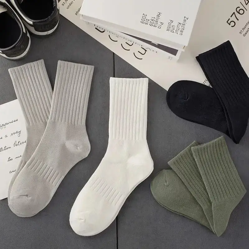 Solid Color Men's Sports Socks, Thin Breathable Crew Socks for Spring Summer, Ins Style Plus Size Women Casual Athletic Socks