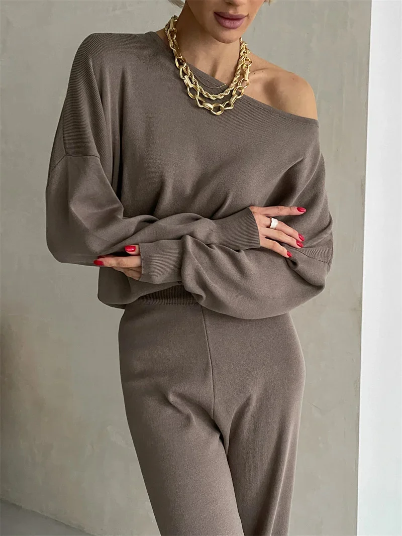 Elegant Loungewear Knitted 2 Piece Set Knit Pants and Sweater Matching Set Women Casual Winter Knitted Two Piece Sets Women 2024