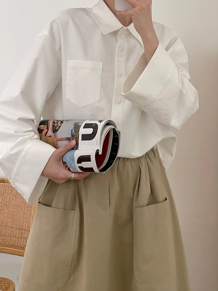 

White Loose Women's irt with Wide Sve Cuffs Simple Design Cotton Long Sve Top for Autumn Season Commute Sle