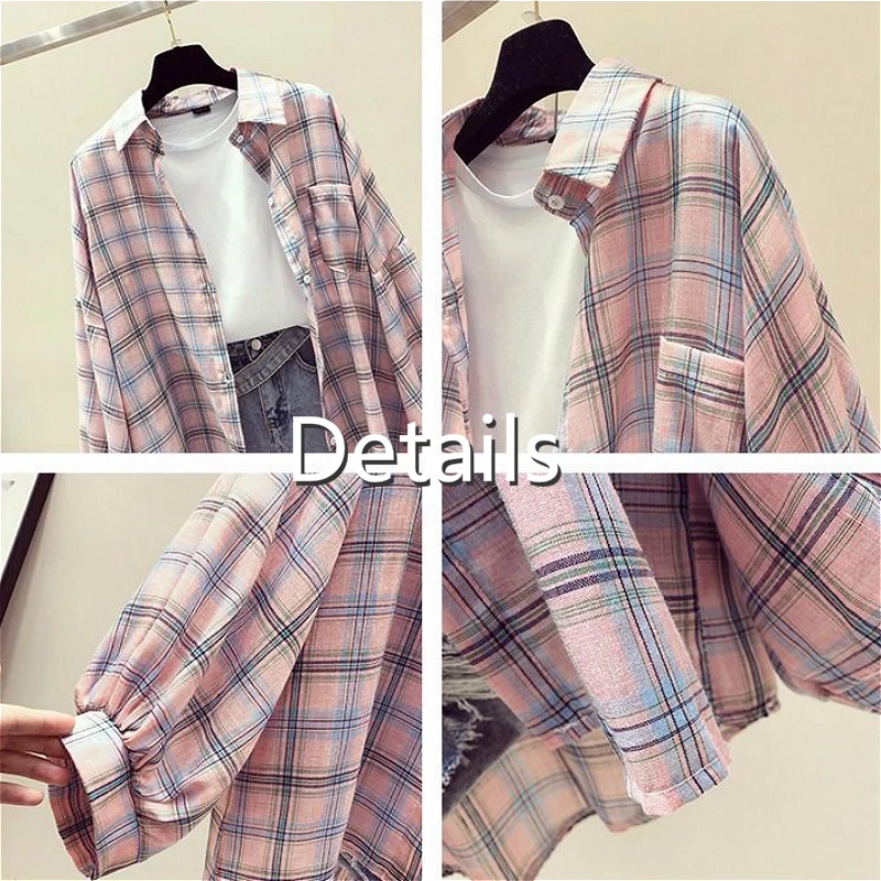 Shirts Women Korean Plaid Chic Batwing Sleeve Summer Sun-protection Femme Preppy Simple Basic Girls Top Breathable Ins