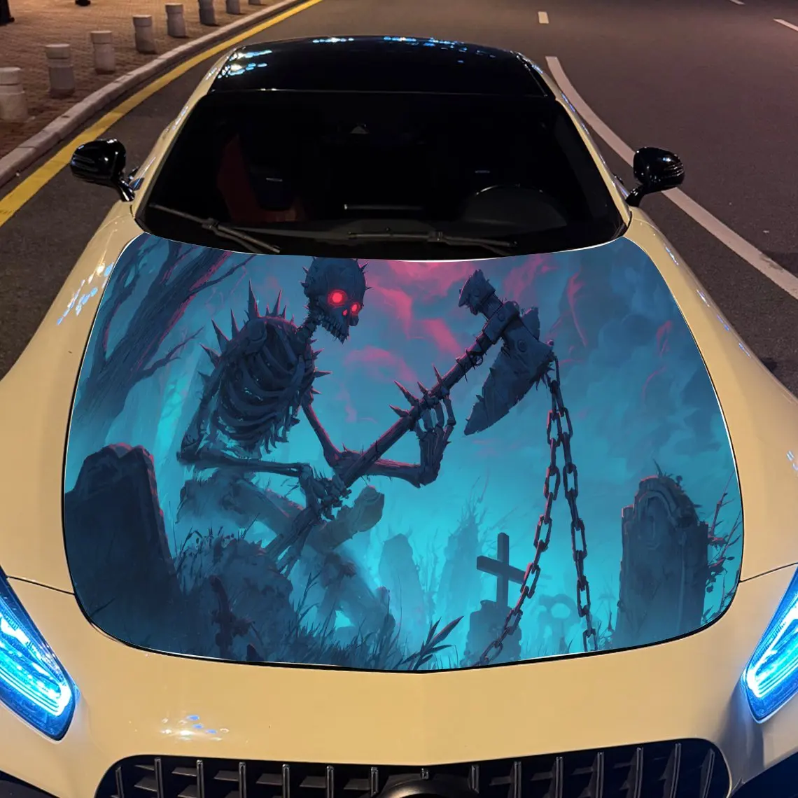 Creepy Giant Monster Skull in Graveyard Car Engine Hood Sticker, Auto Vinyl Wraps, Waterproof Self-adhesive Vehicle Decal, Durab