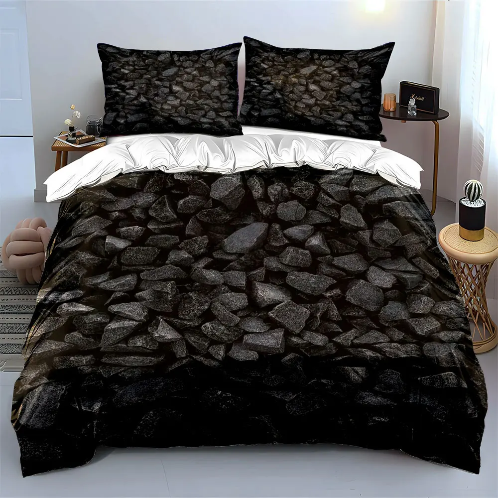 Textured Surface of Piled Stones Printed Duvet Cover Set 1 Duvet Cover+2 Pillowcase Multi Size Bedroom Bedding Decoration