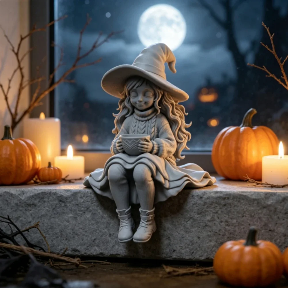 Fantasy Witch Girl Shelf Sitter Statues 3D Printed Cute Halloween Decor Figurines Whimsical Witch Ornaments Halloween Party Gift