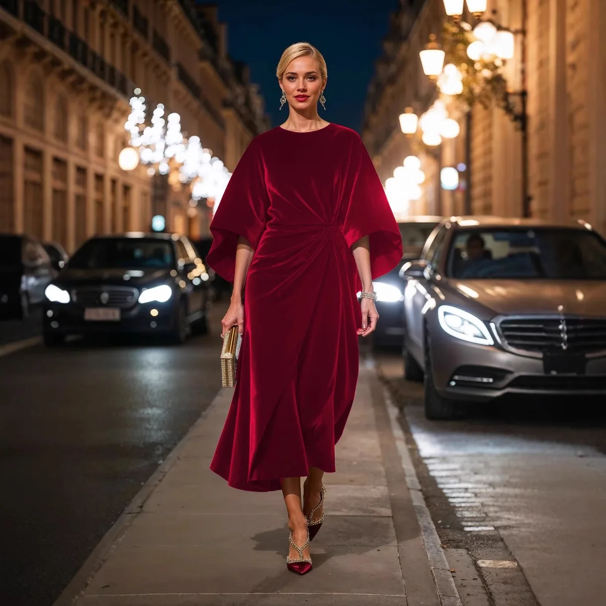 Eleganckie Długie Sukienki Damskie 2025 Nowa Sukienka z Złotego Aksamitu z Marszczeniem w Talii i Rękawami Nietoperzowymi Robe Femmes Платье Осень Vestido Mujer