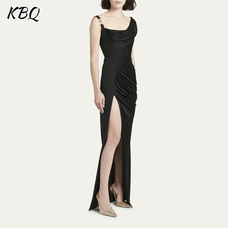 

KBQ Spliced Pleated Camisole Dress For Women Square Collar Sleeveless High Waist Irregular Thigh Split Solid Dress Female Style