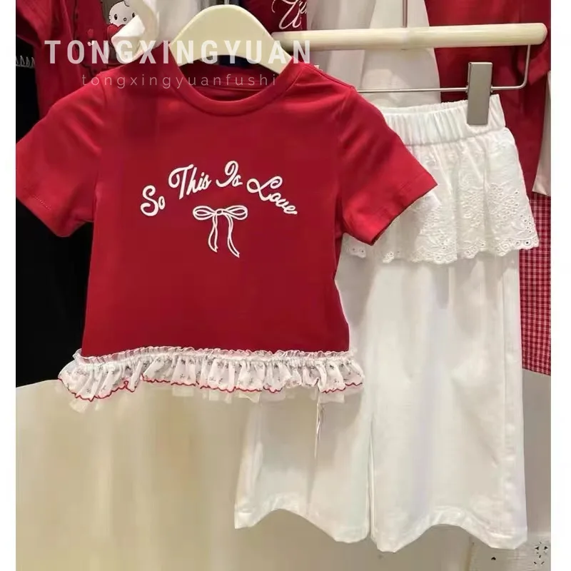 

Girls' Summer Outfit Set New Stylish Letter Print Patchwork Lace Trim Top and Pants Trendy