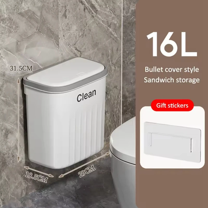 16L Wall Mounted Trash Can for Bathroom Toilet Garbage Bucket with Lid Kitchen Recycling Bin Wastebasket-A73M