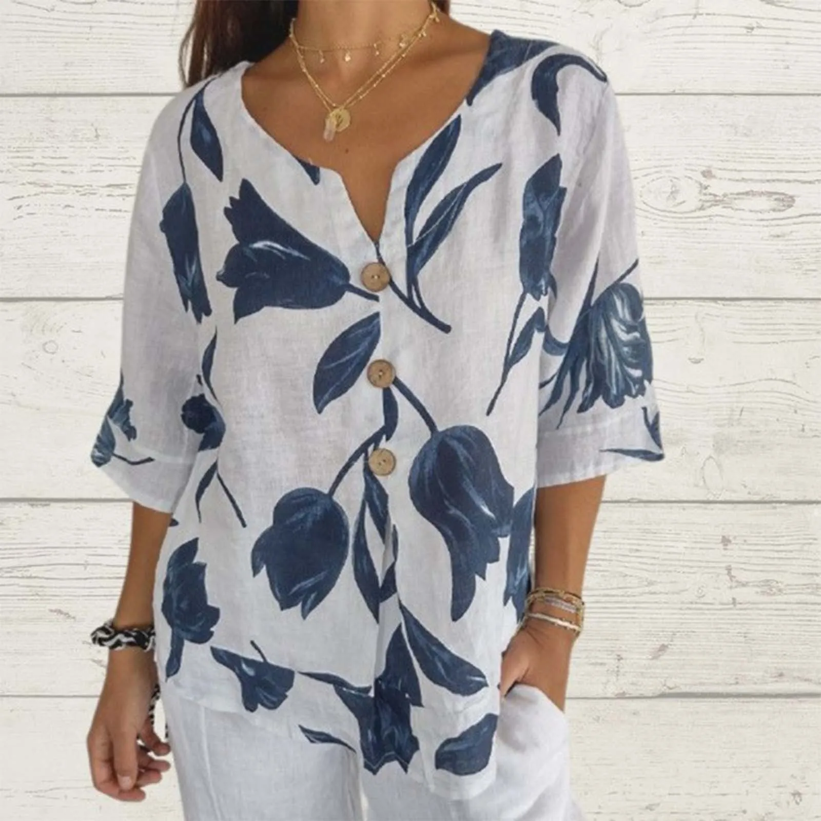 Womens Cotton Linen Tshirt Tops Summer Casual Loose Fit Blouse Tunic Floral Print Button V Neck Short Sleeve Tops Graphic Tee