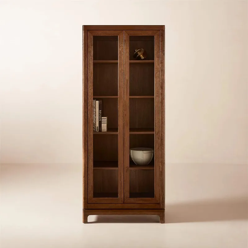 Minimalist design high cabinets with glass doors and front display, home catering office solid wood bookshelves