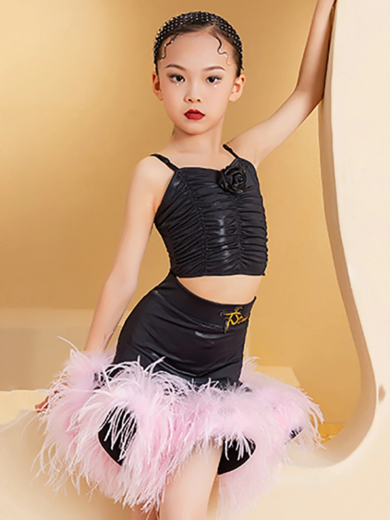 Kids Girls Strap Top Ostrich Mulladin Dance Skirts Suits National Standard Dance Waltz Latin Dance Competition Costume Dancewear