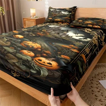 Halloween Pumpkin Castle Theme Bedding Set - 3-Piece Polyester Bed Sheets and Pillowcases Set, Breathable All Season Quilted Halloween Pumpkin Castle Theme Bedding Set - 3-Piece Polyester Bed Sheets and Pillowcases Set, Breathable All Season Quilted