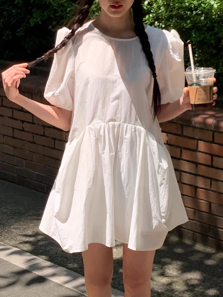 Chic Summer Soft Agel round Ne Large ket Loose Small Bubble Sve Doll Dr Women's Faion Commute High Waist or...