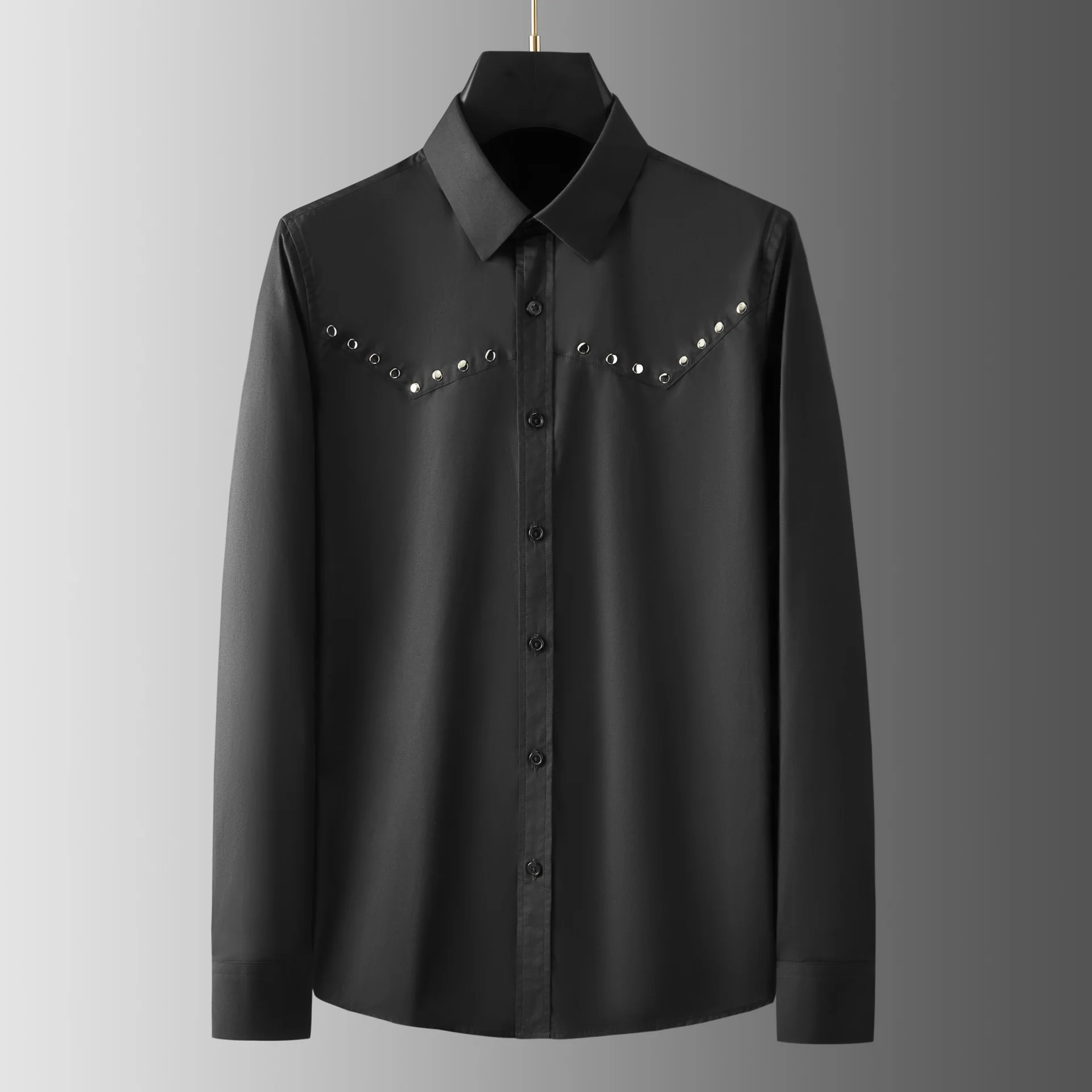 Heavy Industry Rivet Decorative Shirts Men High Quality Banquet Queue Stage Performance Shirt Long Sleeve Slim Fit Casual Shirts