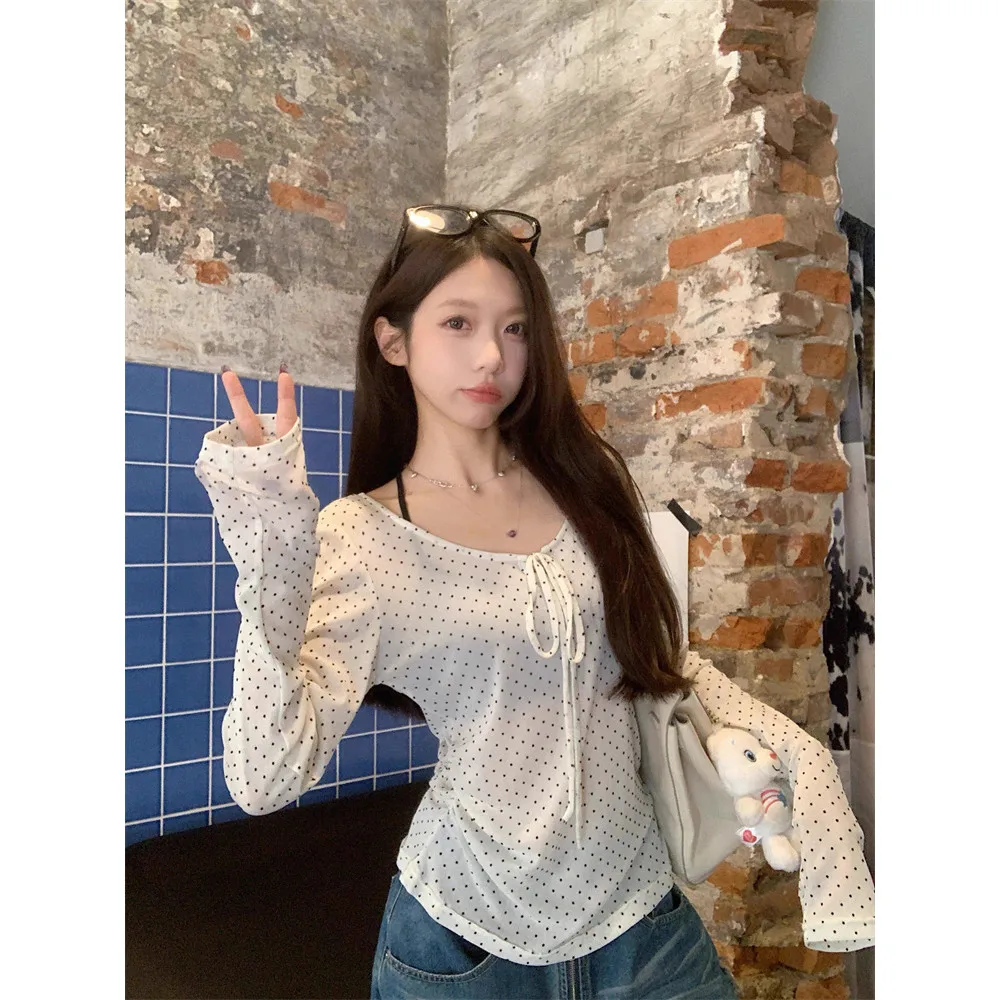 French Style  Knot Polka Dot V-Neck Long Sleeve Women's T-Shirt Thin Mesh Pure Desire Semi-Transparent Base Top