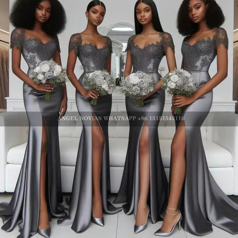 

Long Mermaid Silver Grey African Bridesmaid Dresses with Slit Wedding Party Gowns vestidos de fiestas robes invitée mariage