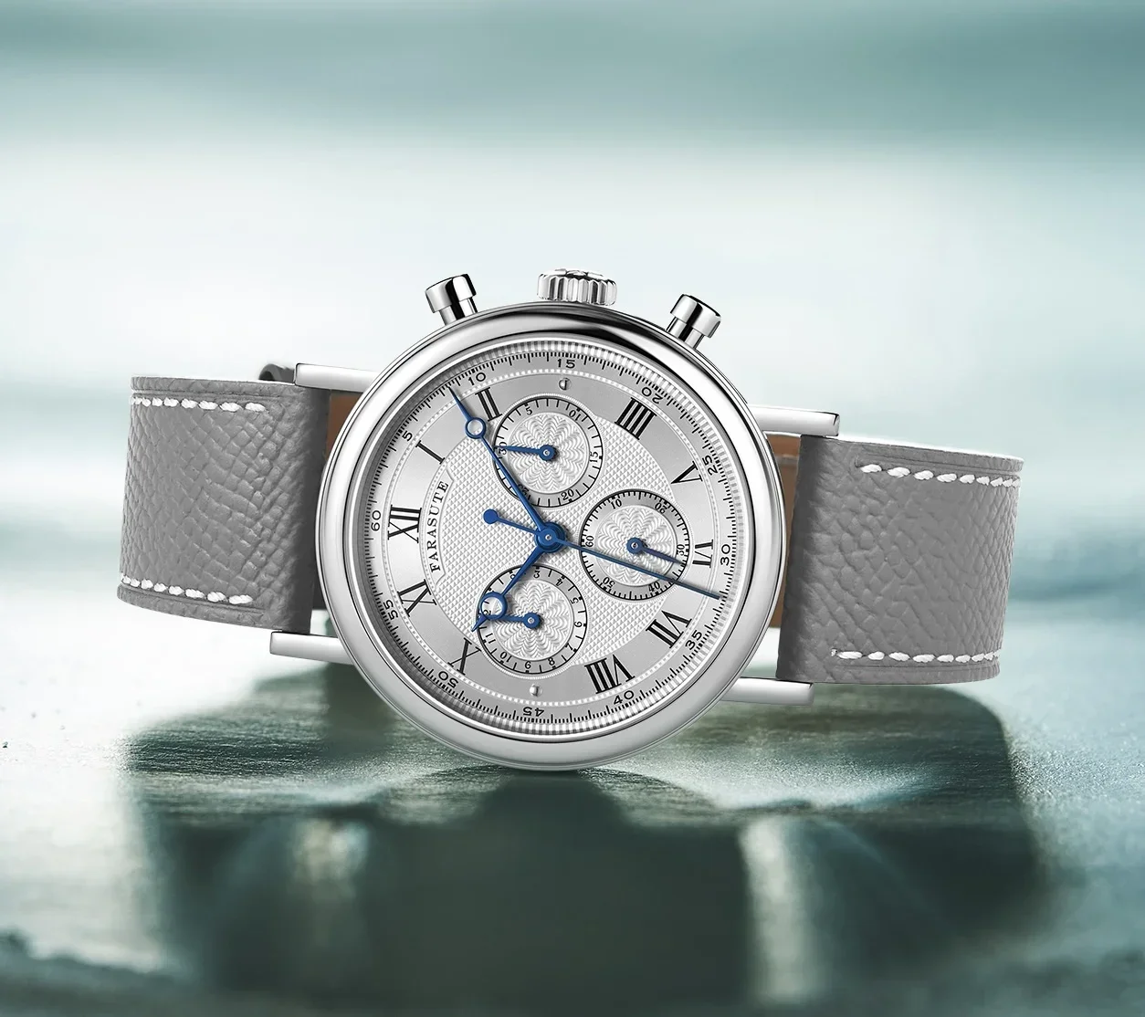 FARASUTE 新 38 ミリメートル腕時計メンズレトロ刻まれたダイヤルクロノグラフ自動機械式時計サファイア 3 窓防水孔雀
