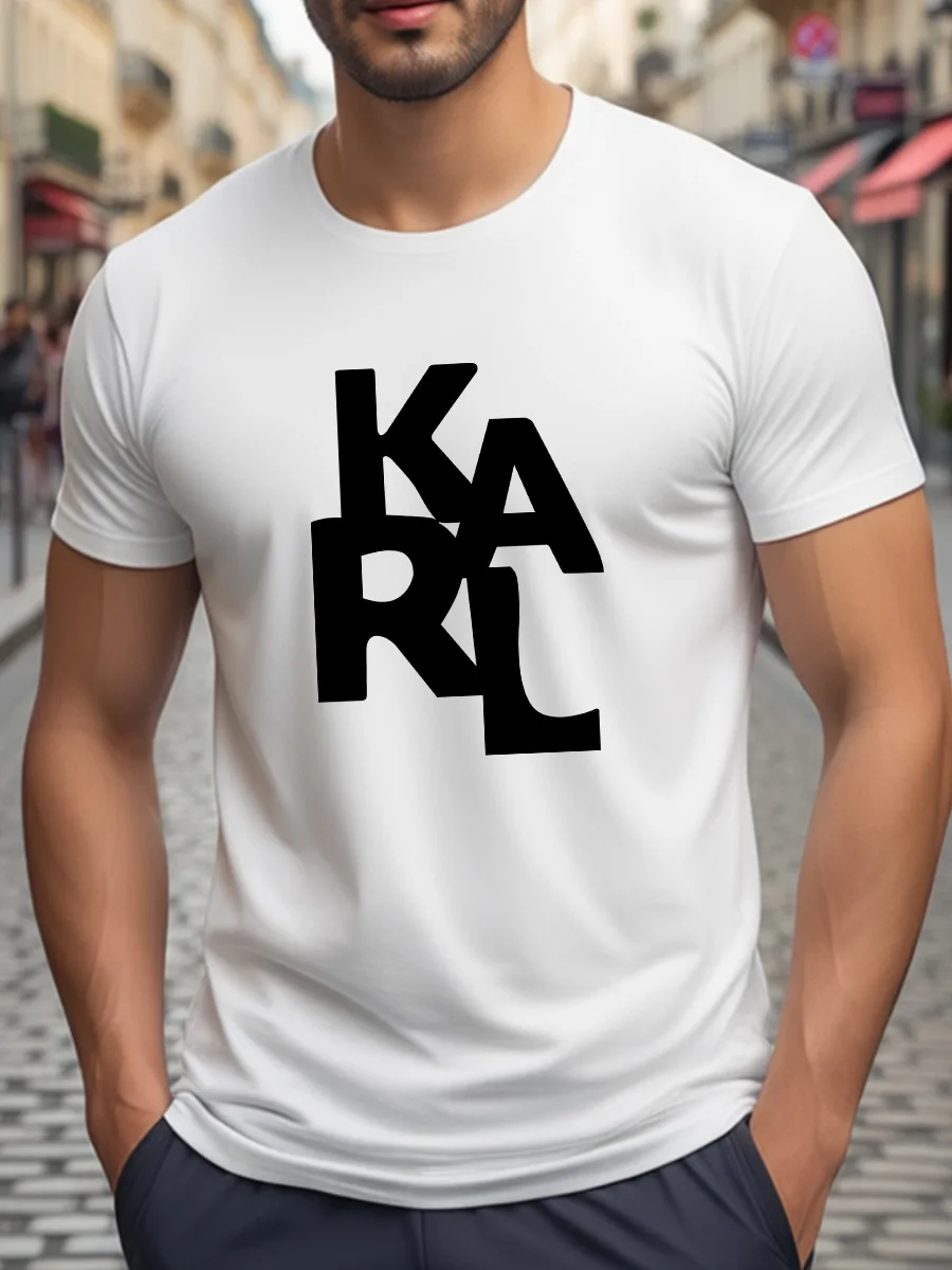 White Short Sleeve T-Shirt with Black Stacked Letter Print Casual Crew Neck Top for Men