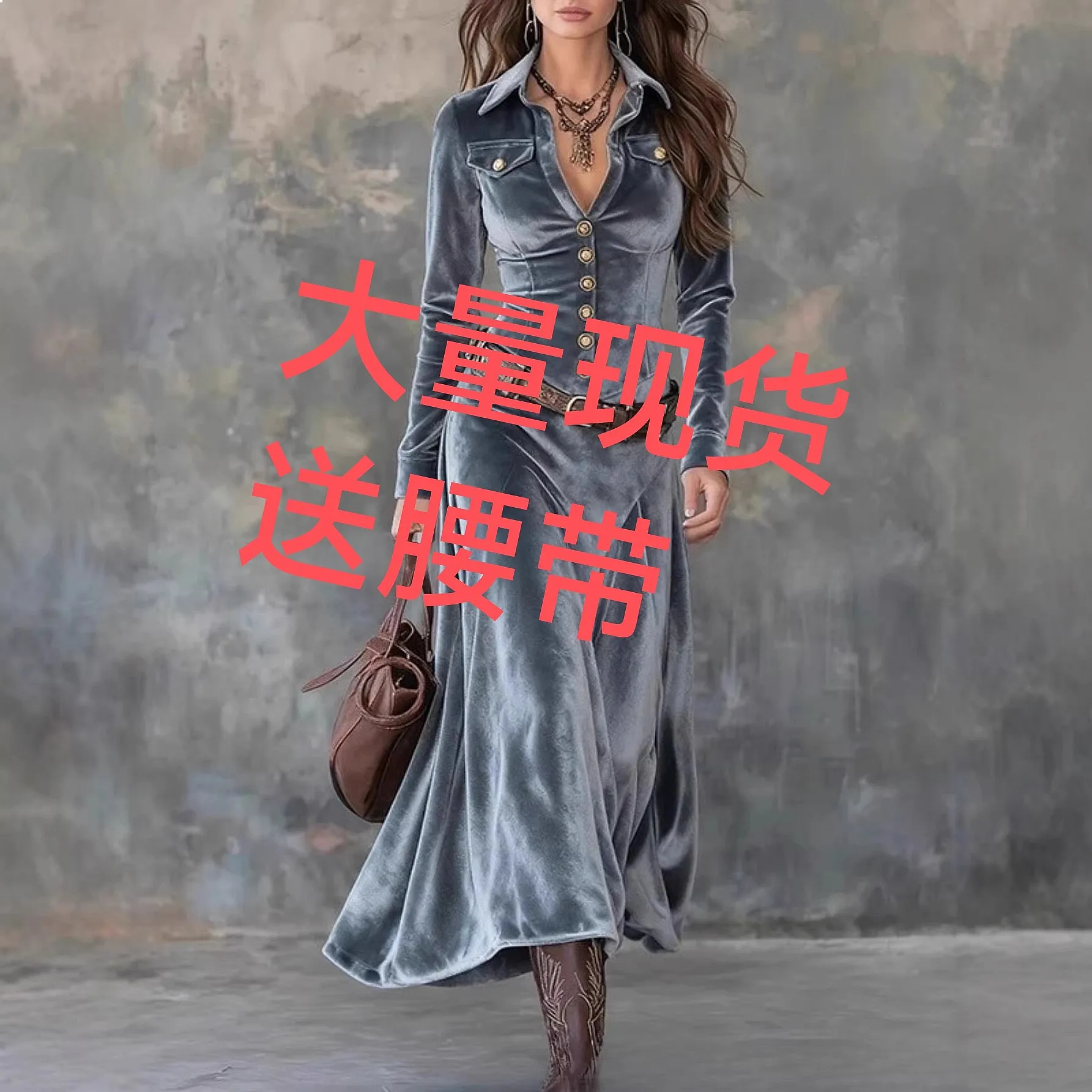 

American Retro Velvet V-Neck Long Dress, Single-Breasted Waist Fishtail Maxi Dresses for Women